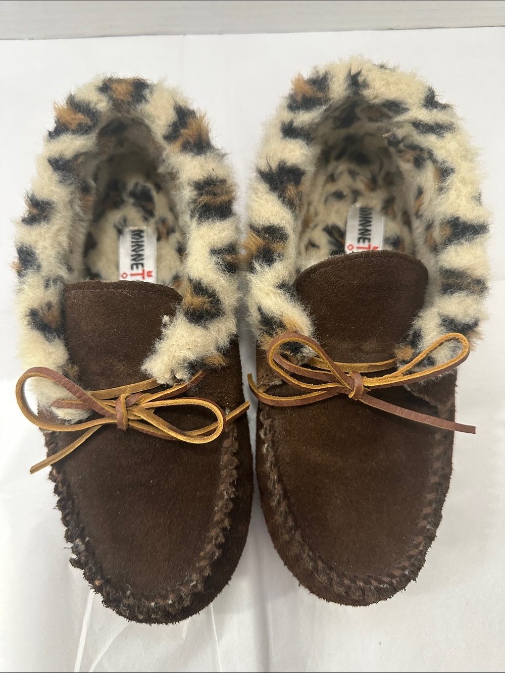 Minnetonka Brown Suede Moccasins with Leopard Faux-Fur Trim